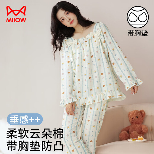 
Cat man [with breast pad] Women's pajamas for women cloud cotton cartoon print sweet princess style home clothes 25 years new product
