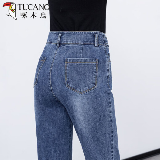 Woodpecker high-waist jeans for women loose straight 2025 season new draping and slimming large size Korean version women's wide-leg trousers [3886] denim blue trousers thin, light and 27 [2 feet] recommended 90-100 Jin [Jin equals 0.5 kg]