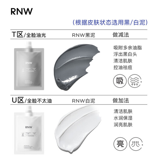Ruwei (RNW) two-color mud mask hydrating and moisturizing zone cleansing mask smear-type oil removal black and white mask blackheads for men and women portable bag black mud 60g