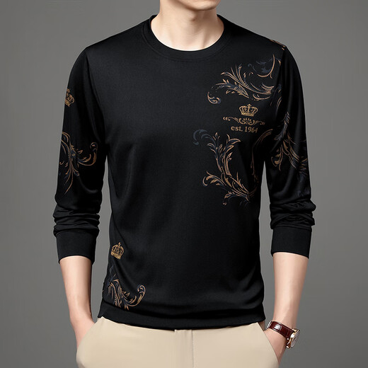 Camiseta de manga larga de seda de verano de mediana edad de mediana edad y jóvenes cuello redondo delgado 2025 nueva camiseta de la base de la base masculina de mediana