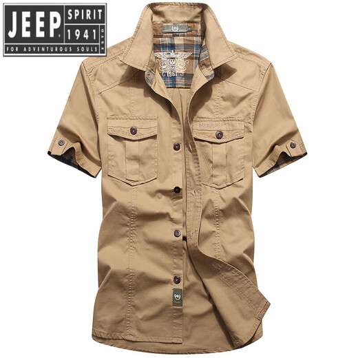 JEEP SPIRIT夏季新款水洗短袖衬衫休闲宽松大码半袖中青年纯棉工装衬外套衣潮 波霸1391豆绿 XL