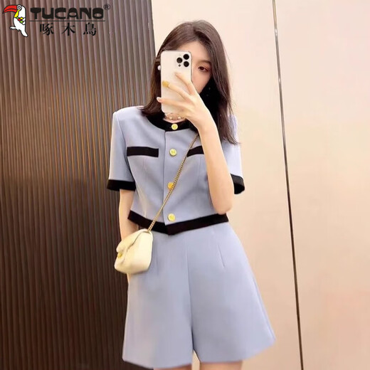 Pájaro carpintero (Tucano) Mujer coreano Summer Small Fragance Style Traje de gran tamaño, pantalones cortos delgados de tamaño, sets de dos piezas para personas pequeñas con 2xl azul