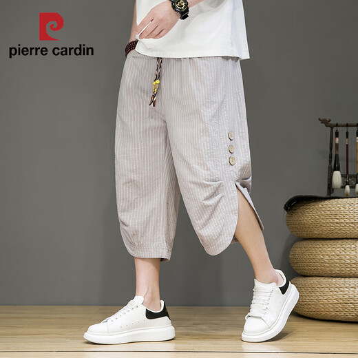 皮尔卡丹（pierre cardin）中国风七分裤男夏季薄款条纹休闲短裤宽松潮牌大码7分阔腿哈伦裤 黑色 M 【90-115斤】