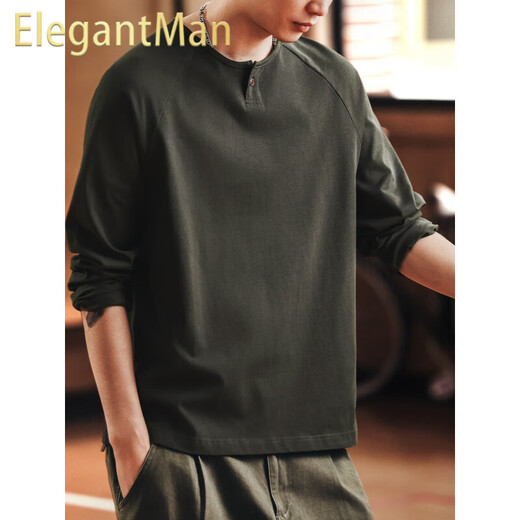 ElegantMan's beautiful retro tough guy Henry collar long-sleeved T-shirt men's autumn new loose cotton bottoming shirt top dark green M_Suitable for 110-130Jin Jin equals 0.5 kg