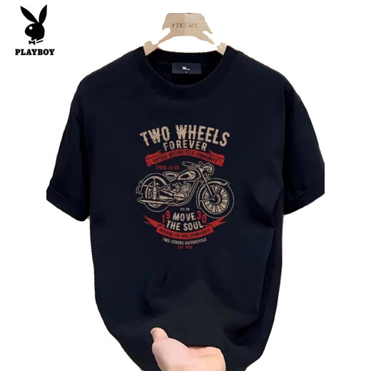 Playboy (Playboy) schweres lustiges kurzärärmiges T-Shirt für Männer im Sommer Reine Baumwolle Retro Motorraddrucker Schulter Rundem Hals halbärmeliges T-Shirt für Männer v683 Weiß M.