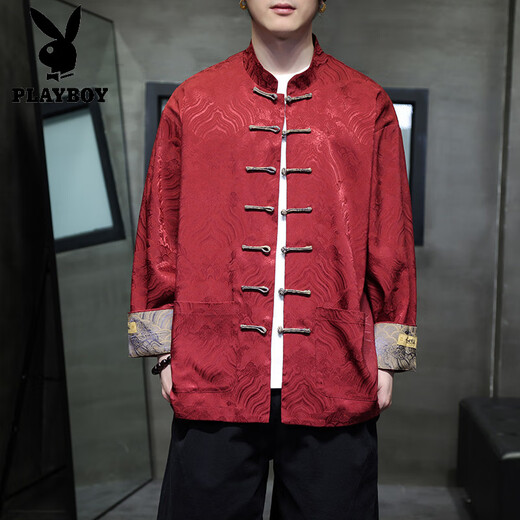 Playboy (PLAYBOY) New Chinese style men's Chinese style red Tang suit shirt jacket spring long-sleeved shirt animal year Hanfu top men's red 3XL 160-180Jin Jin equals 0.5 kg