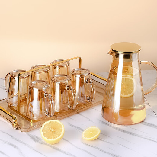 Fat Dongli glass water cup household complete set of living room tea cup set for entertaining guests drinking cup with handle high-value tea set graphite gray handle cup 6 pieces + black stand + kettle + ash tray