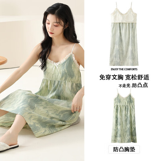 Victoria style suspender nightgown with breast pads for women, sexy summer sleeveless thin sweet and cute pajamas, summer mid-length skirt that can be worn outside V-6624 with breast pads L