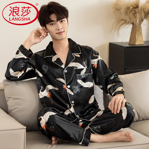 Langsha Frühlings- und Herbst-Pyjamas Long Sleeve Ice Real Seide Thin Home Anzug Männer leichter Luxusstil Sommerset M6629 L [-140jin [Jin gleich 0,5 kg]]]