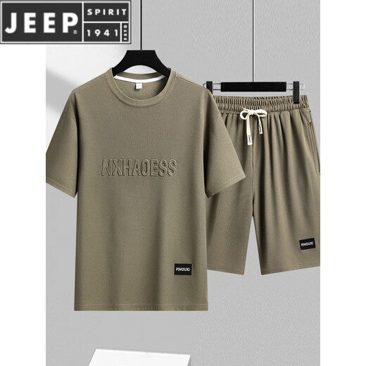 JEEP SPIRIT重磅华夫格短袖T恤男夏季宽松大码运动短裤套装工作服圆领透气潮 TZ829绿色 M