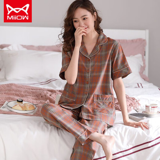 猫人 MIIOW新款睡衣女夏短袖长裤纯棉中妈妈薄款可外穿家居服套装 R:2102 9922 L 建议【100-120斤】