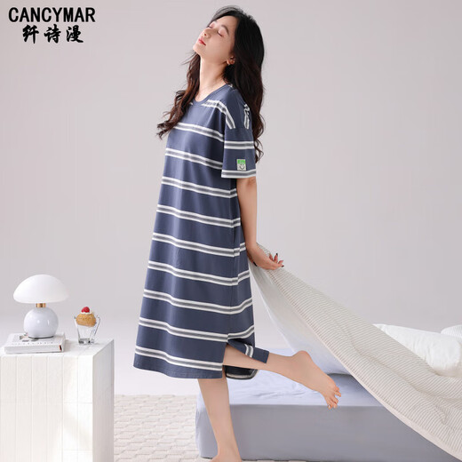 cancymar日本纯棉睡裙女2025新款自带胸垫一体式可外穿免穿文胸夏季家居服 旗舰款蓝色HYZH14101B 带胸垫· M 160