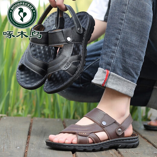 Spechts Sandalen Herren Sommer Neues echtes Leder atmungsaktives Strandschuhe lässig fahren lässige Leder mit mittleren Alters Sandalen Männer schwarzes Geld 9901 38 Normaler Code