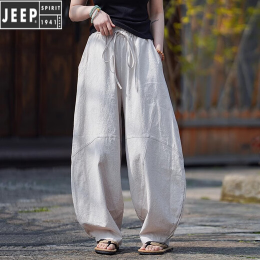 JEEP SPIRIT亚麻弯刀裤男士束脚灯笼裤2025夏季纯色宽松国潮休闲长裤 麻灰色 M 【105-120斤】