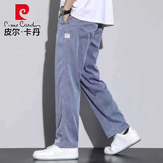 皮尔卡丹夏季天丝裤子男直筒宽松拖地潮牌阔腿裤2025秋天薄款休闲长裤男生 1048浅蓝色 M 码