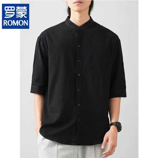ROMON Men's stand-collar white short-sleeved shirt Men's Japanese round neck three-quarter sleeve T-shirt Henry collar textured shirt C1020-white-three-quarter sleeve L 90-110Jin Jin equals 0.5 kg