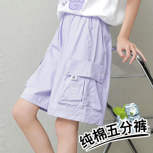 优优1点（Yoyo one）女童短裤夏季儿童2025新款纯棉工装五分裤子中大童夏装外穿运动裤 18442紫色+9922白色 【套装】 130 130cm