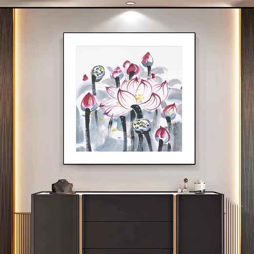 Qiao painted Wu Guanzhong Yingri lotus new Chinese style ink simple Chinese painting corridor bedroom living room entrance hall painting restaurant decoration painting 4 lotus 120*120cm hand-painted oil painting + aluminum alloy frame