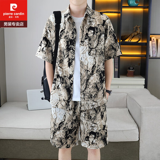 皮尔卡丹（pierre cardin）痞帅衬衣一套男夏季冰丝套装高级感花衬衫短袖短裤沙滩两件套搭配 679白色套装 L 110-125斤