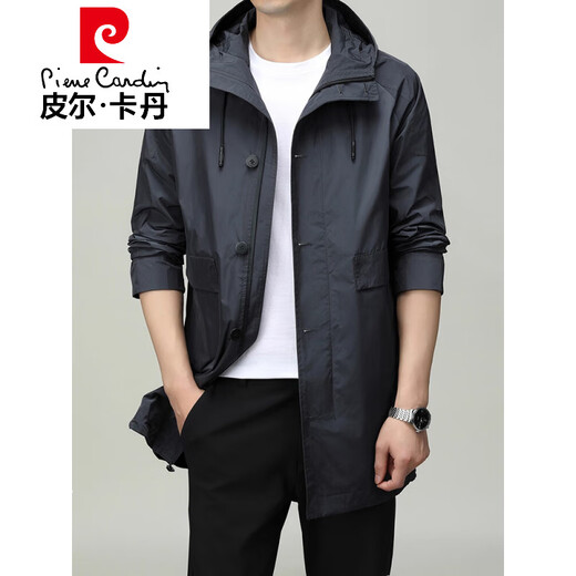 Pierre Cardin high-end mid-length windbreaker men's 2026 autumn new high-end trendy casual hooded jacket men's 192213 gray M 170