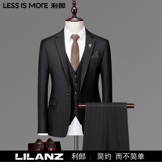 LESS IS MORE Lilang three-piece suit suit men's striped business formal wear Korean style trendy slim and handsome groom wedding dress official flagship black counter genuine M
