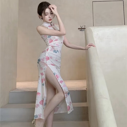 Jin Jiaoli halter neck dress pure desire dress summer new Chinese style royal sister improved cheongsam women's spring new mesh gauze high 6197 white background lotus young girl/high-end S