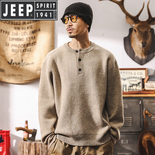 JEEP SPIRIT American retro 630g heavyweight sheep sweater men's winter Henry collar sweater thickened sweater jacket autumn and winter Khaki 630g heavyweight M suitable for 100-125Jin Jin equals 0.5 kg