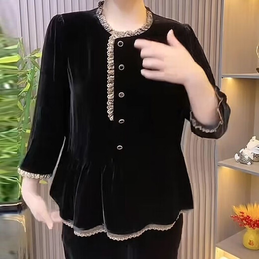 Xia Dian Suding Queen (SE.PSTP) 2026 Spring and Autumn New Mother's Wear Golden Velvet Long Sleeve Top Fashionable Age-Reducing Shirt Slimming Western Style Bottoming Shirt Women Black 3XL Recommended 120-135 Jin Jin is equal to about 0.5 kg