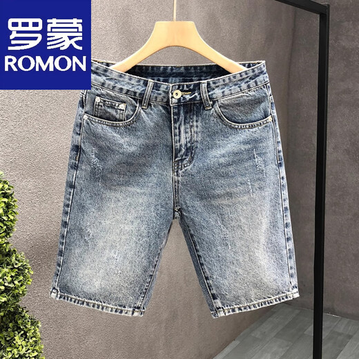 Romon High-End Retro Blue Denim Shorts Men's Summer Modemarke Schöne Casual Fünf-Punkte-Hosen mit 5-Punkte-Medienhosen Blau K844 34 Empfohlen 150-160jin [Jin entspricht 0,5 kg]
