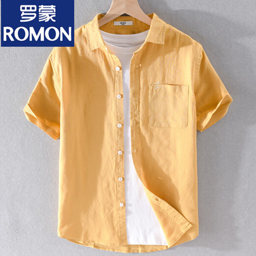 Romon Men's Linen Lapel Camisa de manga corta Camisa suelta Top de cuello con cuello T-Cotton Camiseta de lino Ropa de verano Yunyi-9711 Blue XL