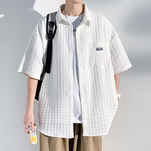 Tang Hao Solid Color Waffle Short Sleeve Shirt Men's Summer American Retro Five-Sleeve Shirt Design Niche Casual Jacket White XL
