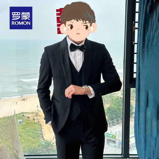 ROMON wedding suit groom wedding suit men's slim green fruit collar formal tuxedo evening dress black green fruit collar suit + trousers + vest + gift 4XL recommended 165-180Jin Jin equals 0.5 kg