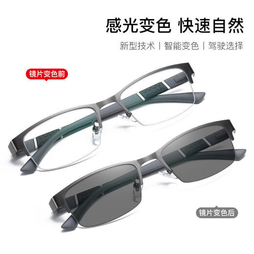 韩版变色近视眼镜男款高档半框金属可配有度数眼睛防蓝光平光潮 黑色框变色灰片 防蓝光平光镜+镜盒镜布【0度】