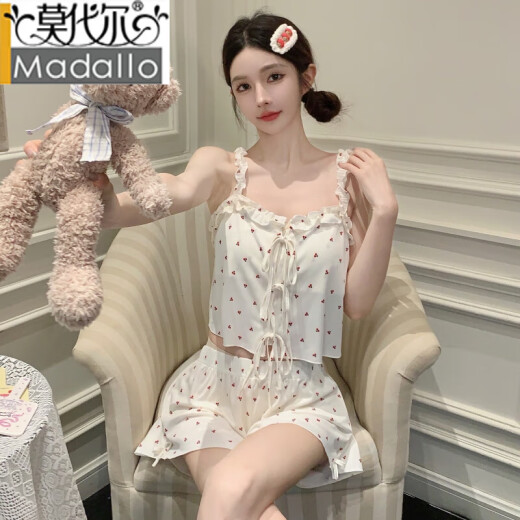 
Modal suspender pajamas for women in summer two-piece set thin ice ribbon chest pad sweet sexy pure and delicate small floral home clothes KZ7371 black butterfly M
