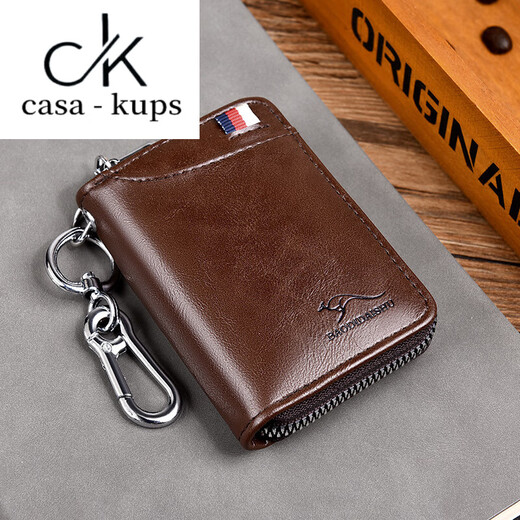 casa-kupsCK男士钱包多功能一体钥匙包短款钱夹防盗刷防消磁时尚休闲软皮卡 红棕色