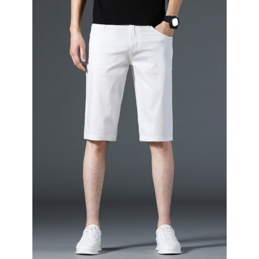 JOEONE high-end white denim shorts men's slim feet summer thin cotton versatile five-point men's pants 5-point mid-pants 1098-white 28