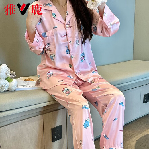 雅鹿轻奢高端粉色哈喽冰丝睡衣女春秋长袖薄款新款感家居服 7374#白色[冰丝] M [建议80-100斤穿]