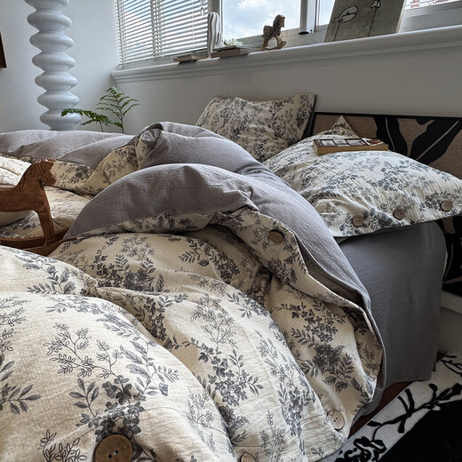 Autumn and winter thickened American retro style original linen retro button style bed four-piece set 2025 new bed sheet and quilt cover Original linen retro-midsummer 1.8m fitted sheet four-piece quilt cover 200x230