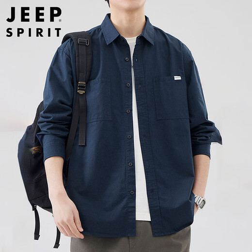 JEEP SPIRIT吉普日系复古长袖衬衫男秋季潮流休闲工装衬衣外套男 宝蓝 XL