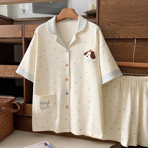 
Miao Dai Po dot puppy cartoon pajamas for women pure cotton summer 2025 new student cute short-sleeved loose home clothing set apricot color L (165)