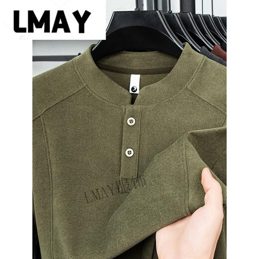 LMAY Xinxin light luxury men's double-sided German velvet bottoming shirt men's Henry collar trendy versatile long-sleeved. T-shirt stand-up collar sweatshirt green 3XL 175-200Jin Jin equals 0.5 kg