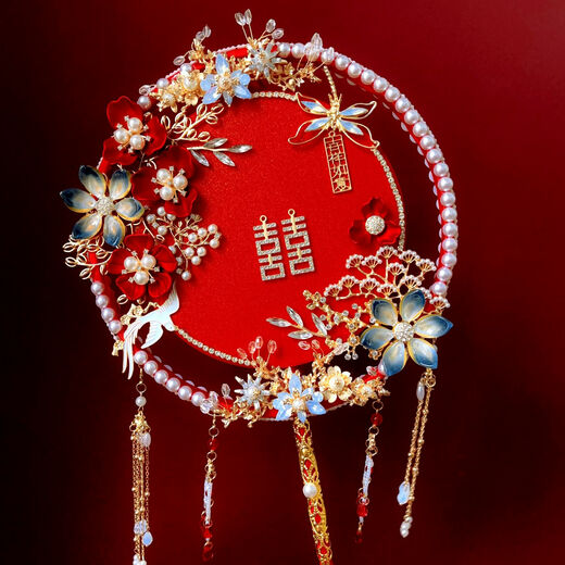 Chinesisches rotes Gold doppelseitig Doppelkreis Runde Lüfter DIY Materialbeutel fertig Produkt Braut Hochzeit Drache Phoenix XiUhe Kleidung Handheld Bouquet Red Make-up/weiße Materialtasche
