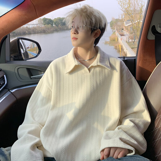 NYING wheat ear pattern heavy sweatshirt for boys autumn new American trendy brand polo collar long-sleeved T-shirt loose casual top apricot XL (130-150Jin Jin equals 0.5 kg)