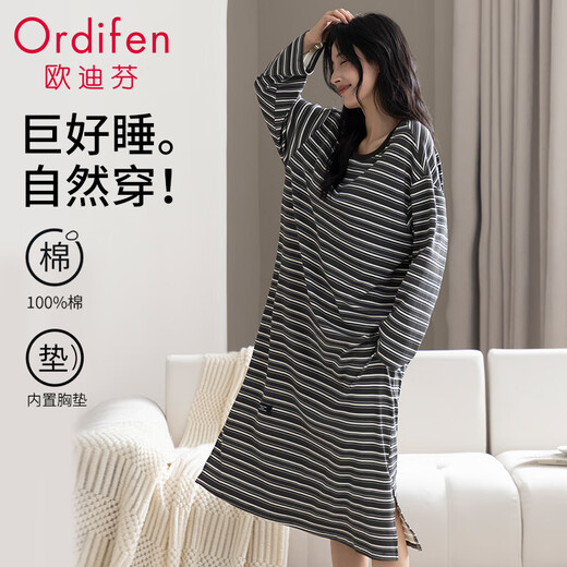 
Odifen women's pajamas for women 100% cotton pure cotton nightgown for women long-sleeved striped loose with chest pads for outdoor wear