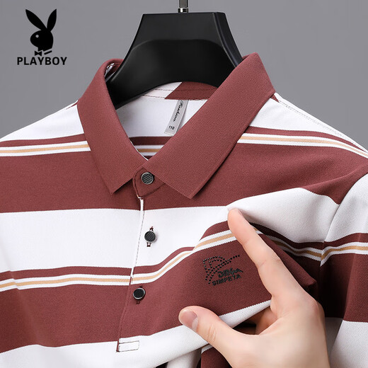 花花公子（PLAYBOY）高端夏季中年T恤男士POLO衫休闲爸爸装条纹商务冰丝透气宽松翻领 6636-红色 3XL