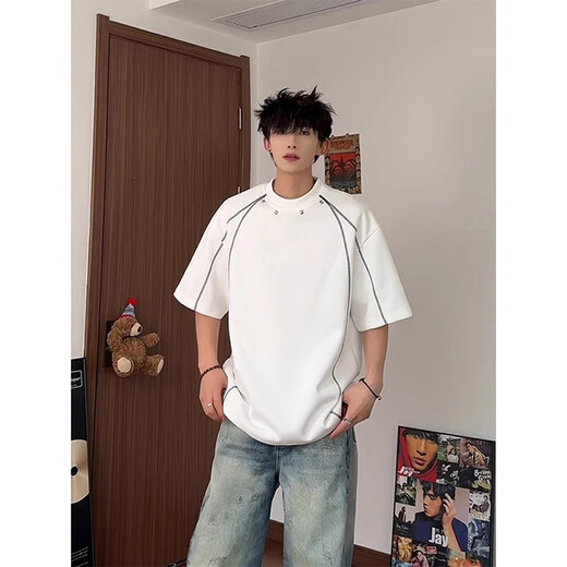 POUM Kurzärärmiges T-Shirt für Männer Sommer Neue amerikanische trendige Spleißen gestreiftes Design Casual halbärmelige Basis CQS-1421 White XL