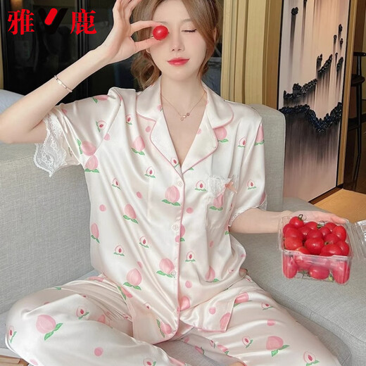 Yalu Light Luxury Silk Pajamas for Women in Summer Thin Sweet Lace Peach Short Sleeve Trousers Three-piece Set for Outdoor Home Clothing Peach [Short Sleeve + Trousers] 9905 M [80-100Jin [Jin equals 0.5 kg]]