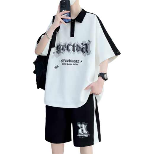 Gegusen Teenager kurzärmeligte T-Shirt Boy 12-15 Jahre alte Schüler der Junior High School halbärmelige Kinder Big Children Handsome Trendy Summer Sports Suit 6629 Weiß [Set] M 80-100Jin [Jin gleich 0,5 kg] über ungefähr