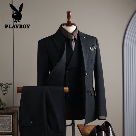 Playboy (PLAYBOY) light luxury high-end suit suit men's high-end British double-breasted plaid suit three-piece groom's wedding dress black (suit + pants + vest) 3XL 56