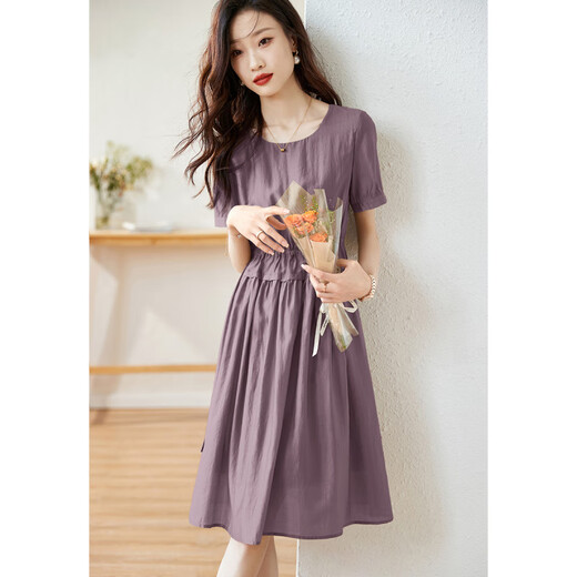Ehangy international brand women's light luxury high-end dress summer new round neck short sleeve waist-hugging long skirt light purple [high-end gift box] L